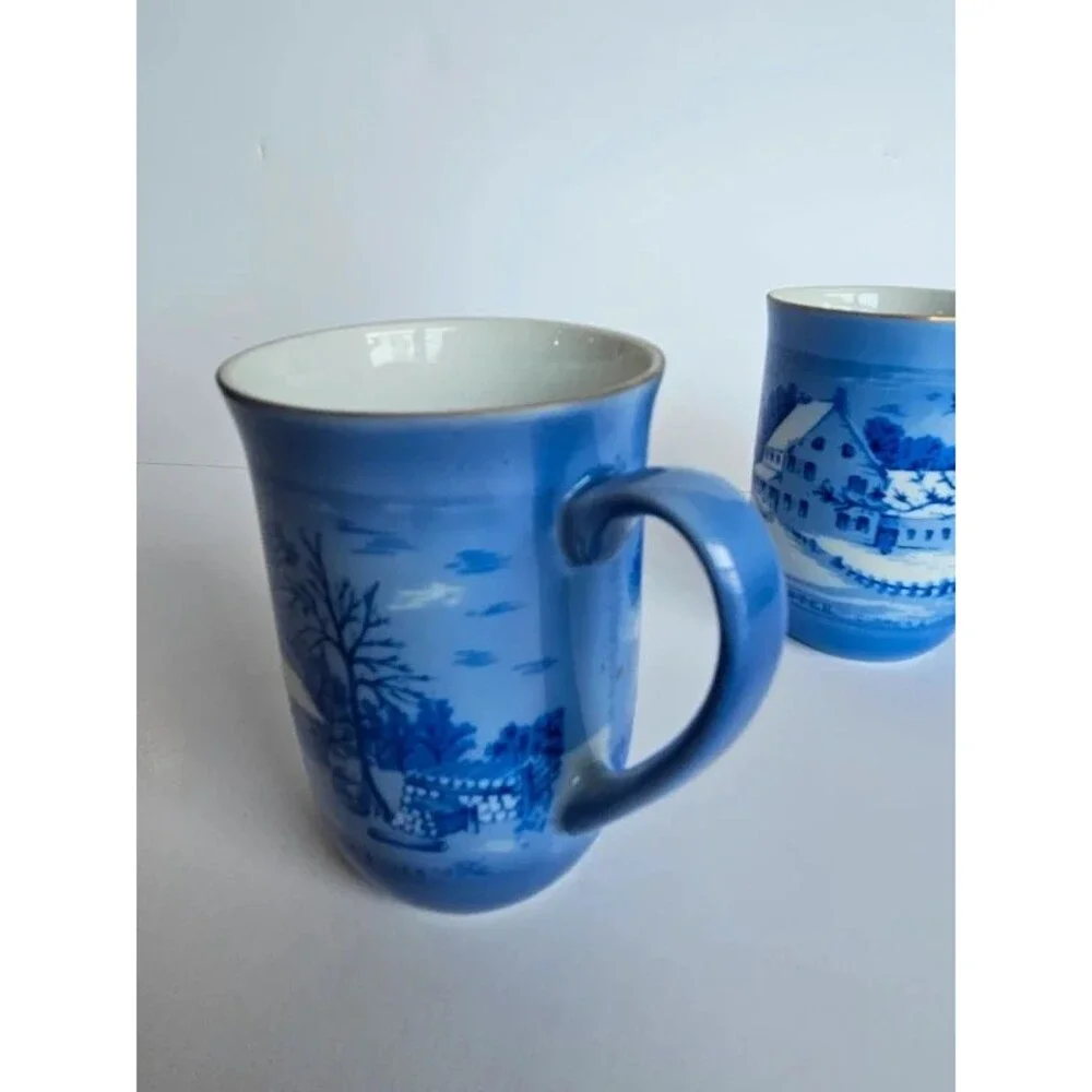 Vintage Currier & Ives Blue and White Mugs Winter Scenes